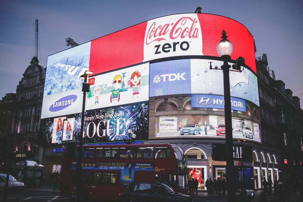 Advertising billboards in Piccadilly Circus, London.